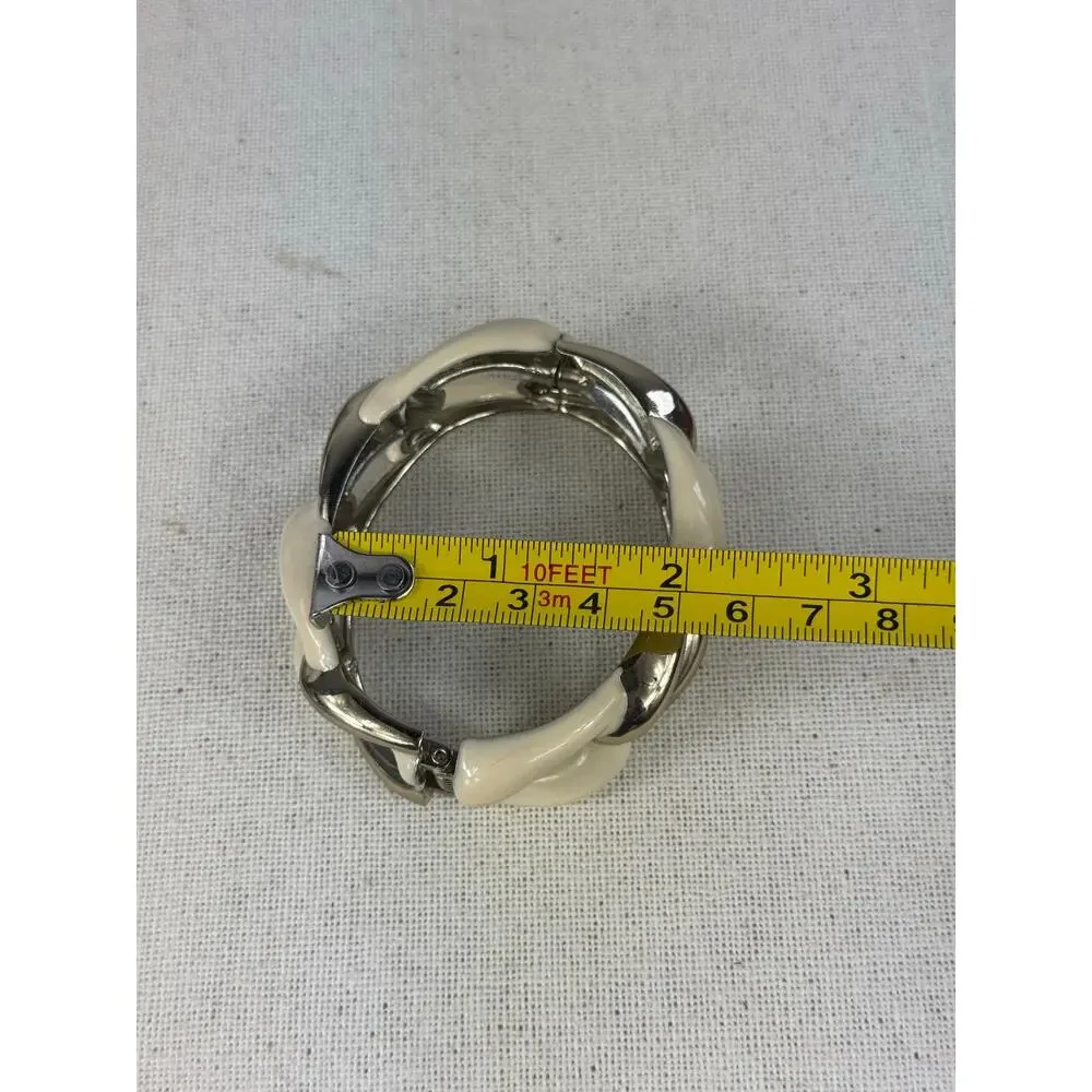Vintage Cream/Ivory Hinged Enamel & Gold-Tone Clamper Bracelet w/ Chunky Links